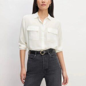 EVERLANE The Washable Clean Silk Two-Pocket Relaxed Shirt, Off-White 12 NWT